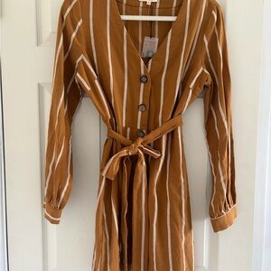 Striped V-Neck Tie-Waist Shirt Dress Mustard